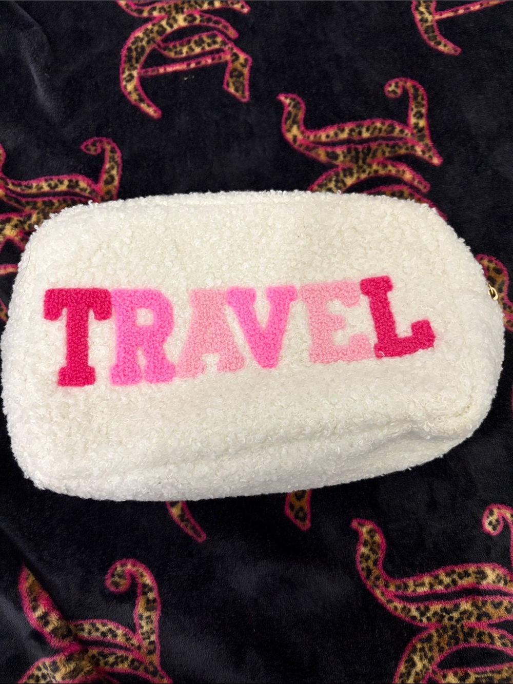 White Sherpa 'TRAVEL' Pouch with Pink Ombre Letters